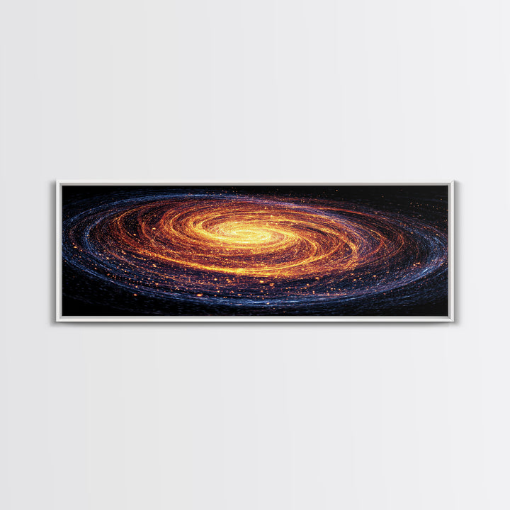Glowing Spiral Galaxy In Orange And Blue Canvas Print, Cosmic Retro Art, Space Abstract Art, Modern Wall Decor, Panoramic Living Room Art