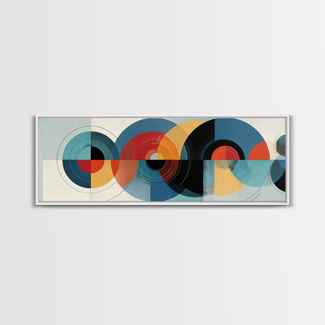 Retro Teal Red Yellow Circle Wall Art, Midcentury Modern Art, Bauhaus Geometric Poster, Colorful MCM Wall Decor, Framed Canvas Print