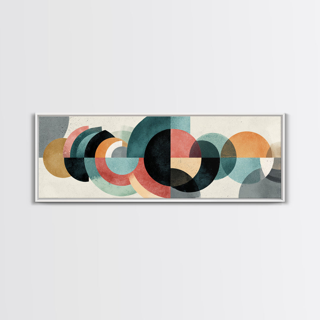 Layered Teal Coral Mustard Circle Wall Art, Midcentury Modern Abstract Art, Bauhaus Geometric Decor, Framed Canvas Print