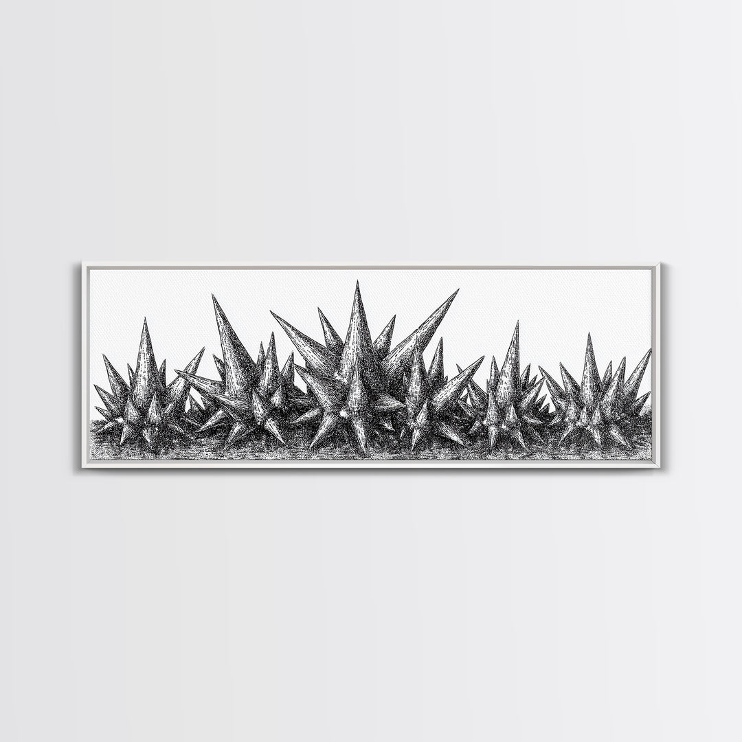 Black Spiky Crystal Landscape Wall Art, Minimalist Abstract Line Art, Monochrome Modern Wall Decor, Framed Canvas Print Gift