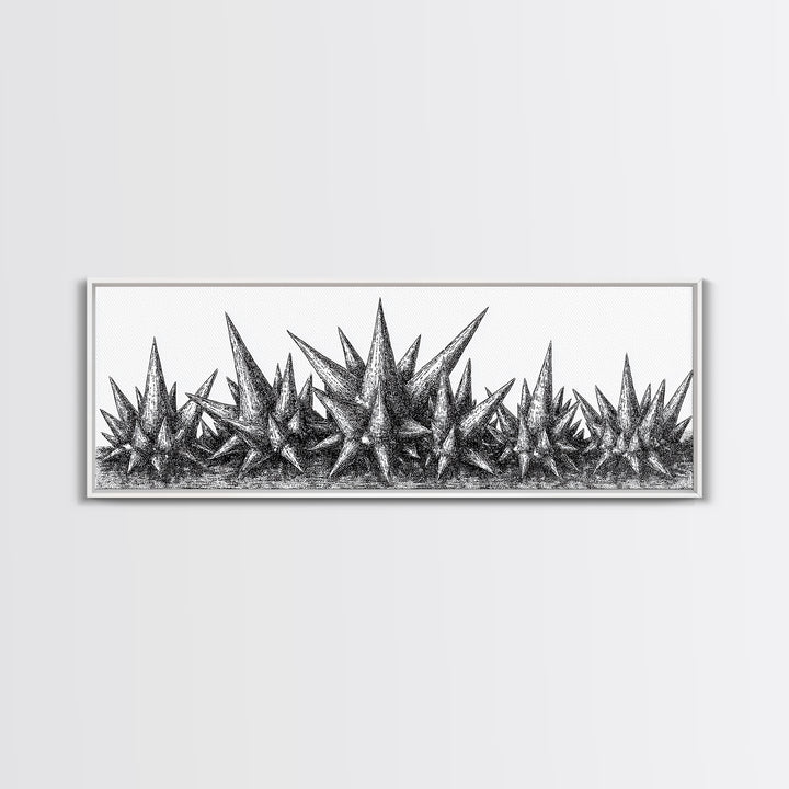 Black Spiky Crystal Landscape Wall Art, Minimalist Abstract Line Art, Monochrome Modern Wall Decor, Framed Canvas Print Gift