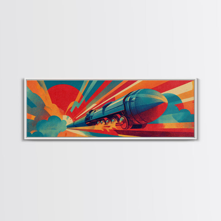 Streamlined Rocket Train Racing Past Red Sun Canvas Print, Midcentury Modern Art, Retro Futuristic Rail Poster, MCM Wall Decor