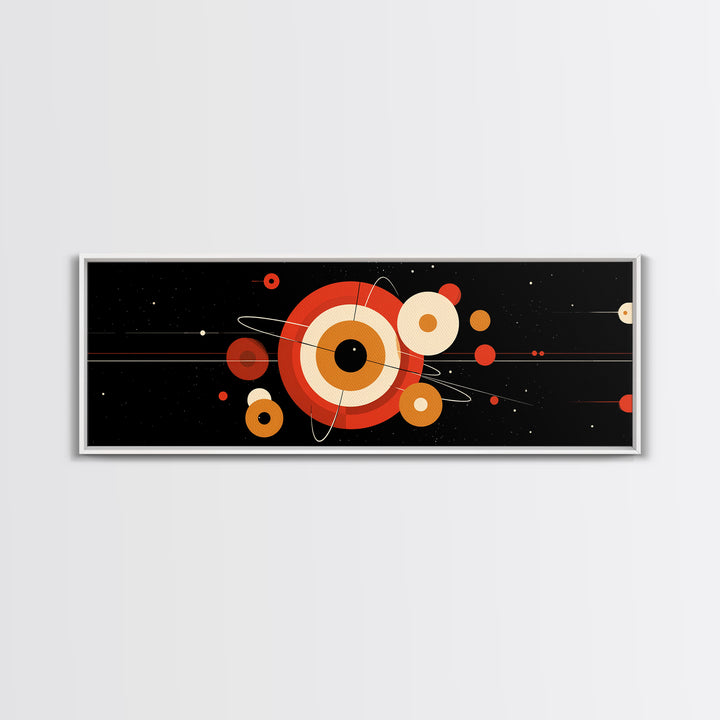 Black Space Abstract With Orange Orbit Circles Wall Art, Midcentury Modern Geometric Print, Atomic MCM Poster, Retro Decor
