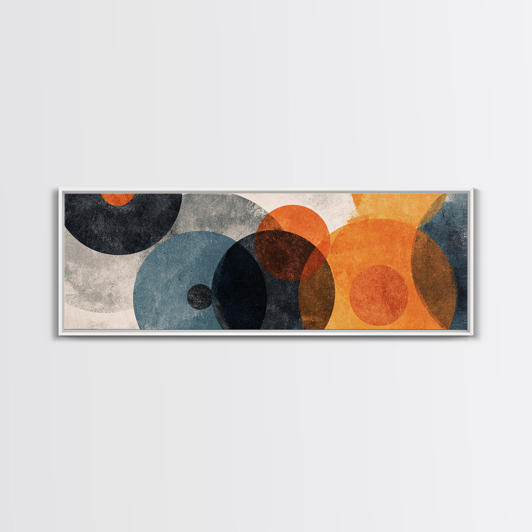 Textured Overlapping Gray Blue And Orange Circles Canvas Print, Modern Abstract Wall Art, Geometric MCM Decor, Neutral Poster