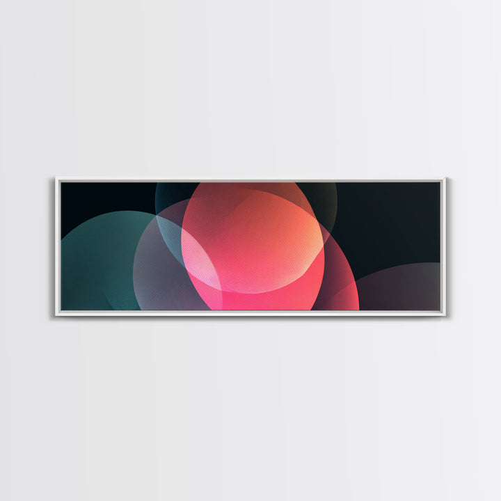 Glowing Translucent Neon Circles On Dark Framed Canvas Print, Modern Abstract Wall Art, Geometric Poster, Colorful Decor