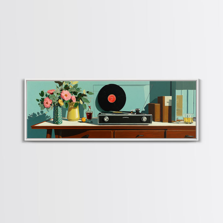 Teal Vinyl And Flower Console Canvas Print, Mid Century Modern Wall Decor, Record Player Art Print, Retro Living Room Decor