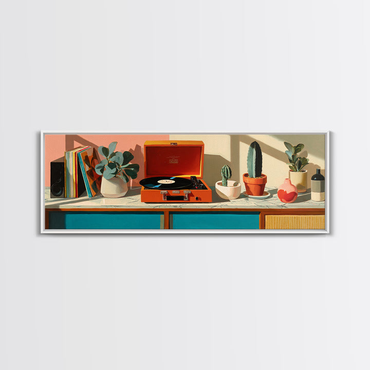 Orange Portable Record Player Wall Art, Mid Century Modern Shelf Decor, Cactus Vinyl Print, Retro Music Room Home Decor Poster