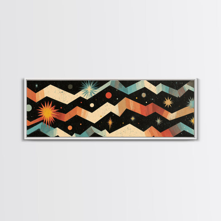 Starry Zigzag Space Abstract Canvas Print, Mid Century Modern Atomic Art, Retro Geometric Wall Decor, Colorful Cosmic Poster