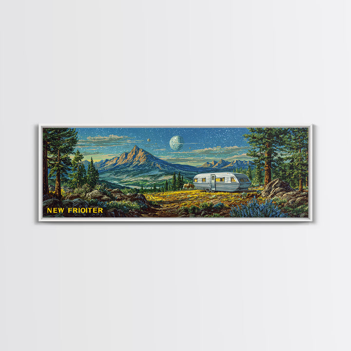 New Frontier Camper Mountain Canvas Print, Retro Travel Wall Art, Midcentury Modern Landscape Poster, Rustic Cabin Decor Gift