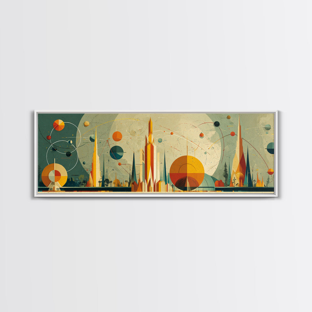 Atomic Future City Skyline Wall Art, Midcentury Modern Abstract Print, Retro Space Age Decor, Orange Blue Geometric Poster