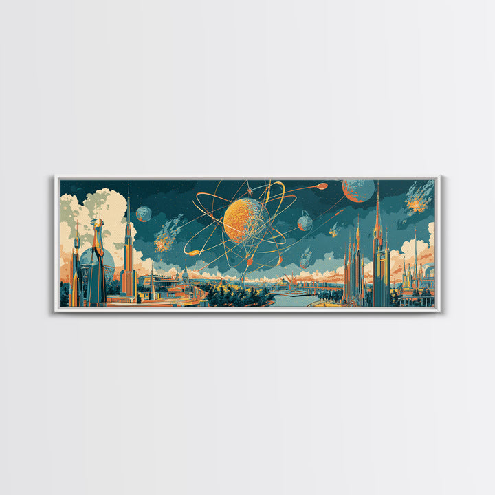 Retro Futuristic Space City Canvas Print, Atomic Planet Wall Art, Midcentury Modern Skyline Poster, Sci Fi Office Decor Gift
