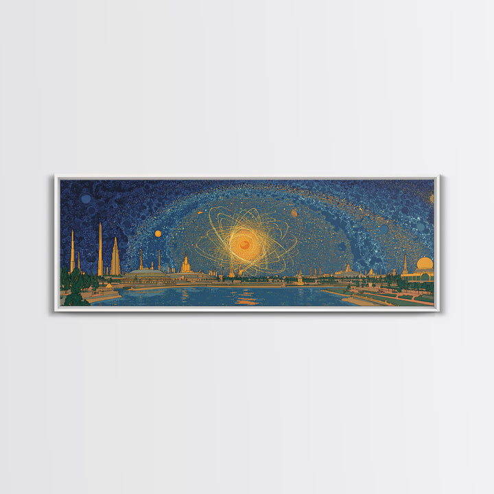 Golden Cosmic Skyline Wall Art, Midcentury Modern Abstract Print, Retro Space Age Poster, Blue Orange Living Room Home Decor