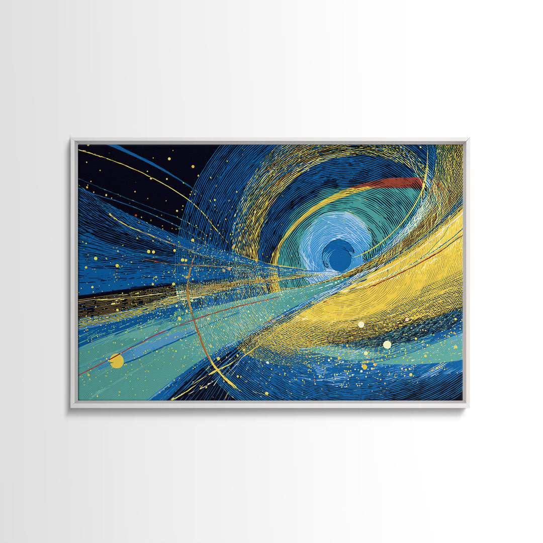 Blue Yellow Cosmic Vortex Abstract Wall Art, Modern Geometric Space Print, Midcentury Decor, Large Canvas Print, Living Room Decor