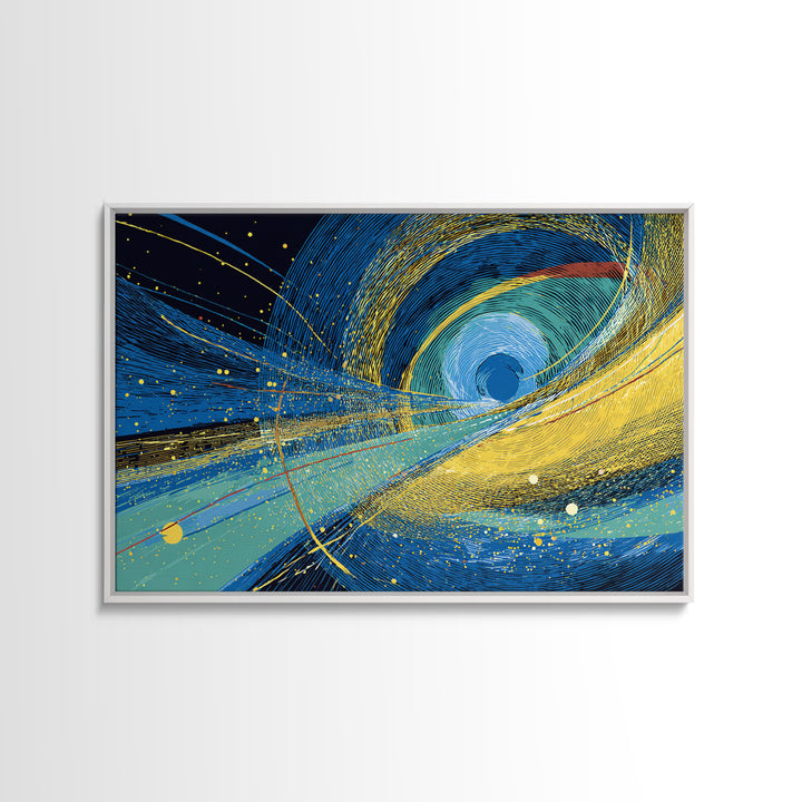 Blue Yellow Cosmic Vortex Abstract Wall Art, Modern Geometric Space Print, Midcentury Decor, Large Canvas Print, Living Room Decor