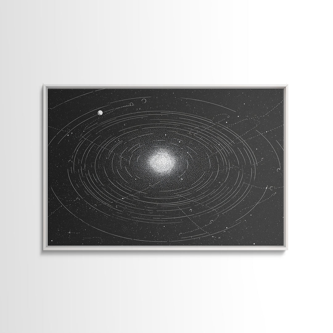 Black White Orbiting Galaxy Starfield Canvas Print, Modern Abstract Wall Art, Space Retro Geometric Poster, Cosmic Home Decor