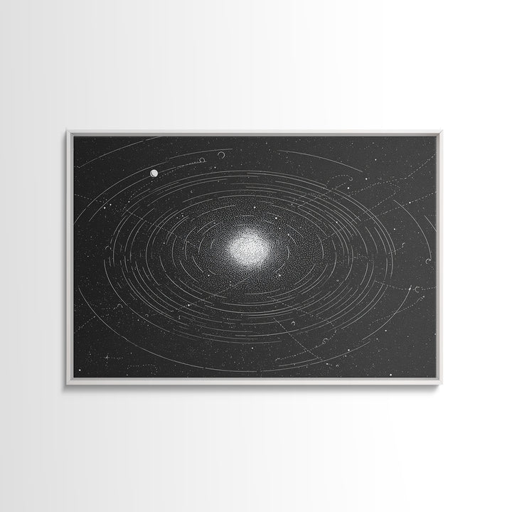 Black White Orbiting Galaxy Starfield Canvas Print, Modern Abstract Wall Art, Space Retro Geometric Poster, Cosmic Home Decor