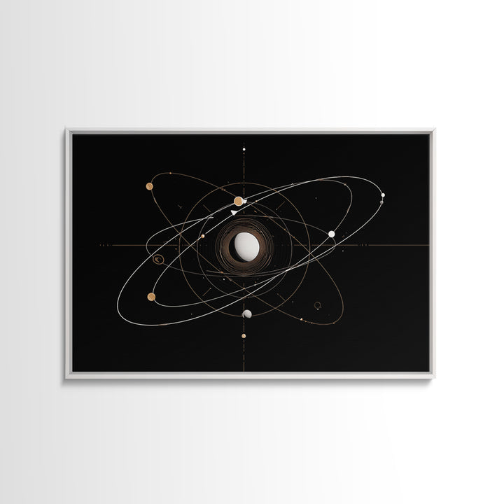 Gold Atomic Orbit Diagram Wall Art, Midcentury Modern Space Abstract Art, Geometric Black Home Wall Decor, MCM Canvas Print