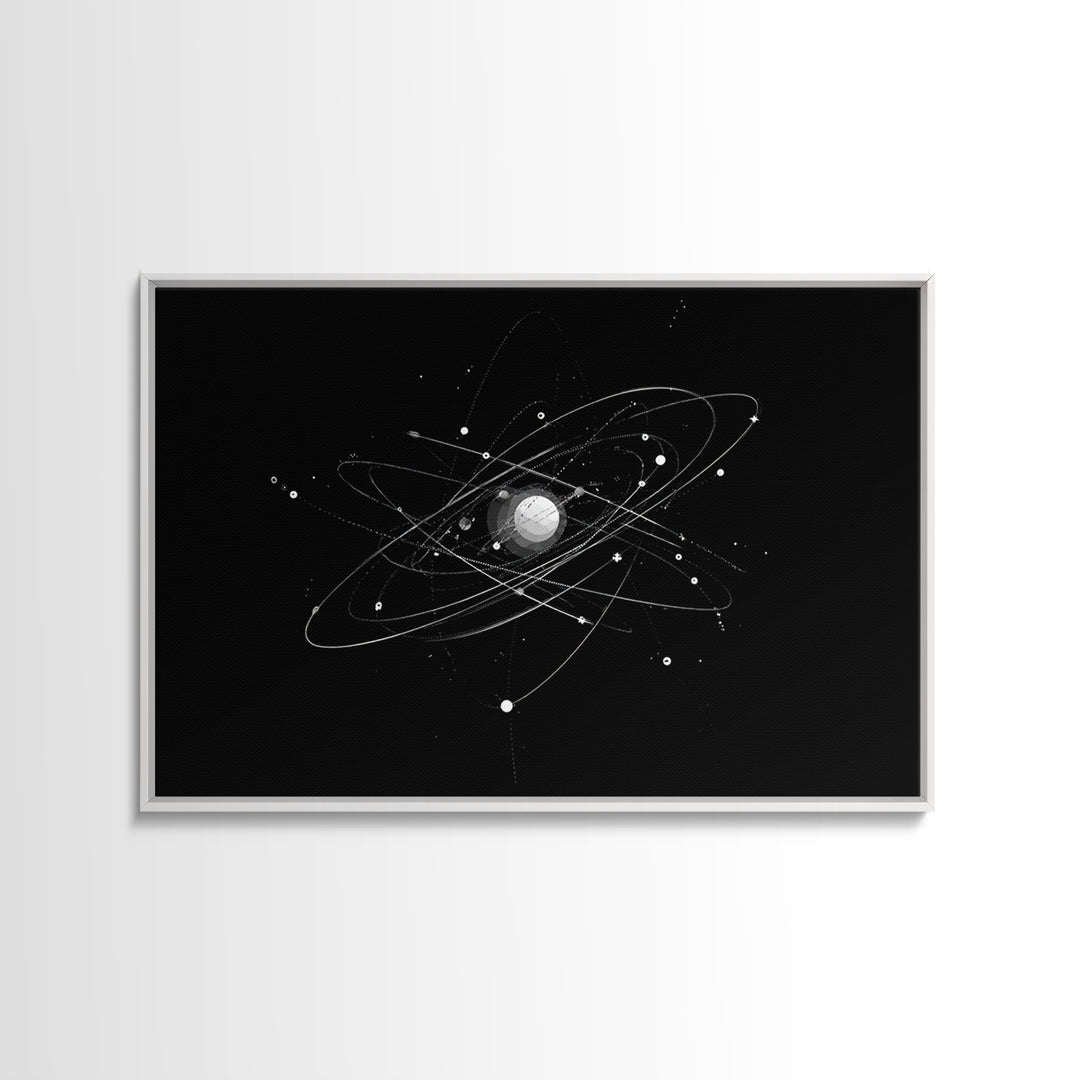 Silver Atomic Orbit Lines Wall Art, Modern Abstract Space Poster, Black And White Geometric Decor, Midcentury Canvas Print