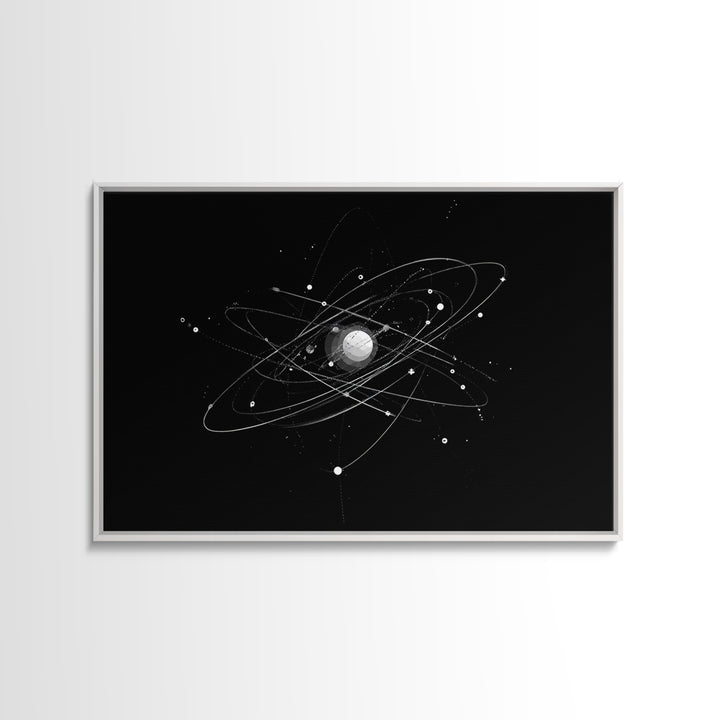 Silver Atomic Orbit Lines Wall Art, Modern Abstract Space Poster, Black And White Geometric Decor, Midcentury Canvas Print