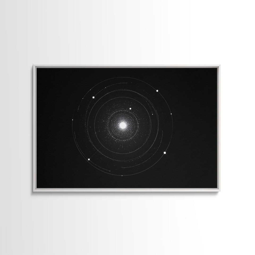 Minimal Solar System Orbit Wall Art, Black And White Space Abstract Art, Modern Geometric Poster Decor, Framed Canvas Print