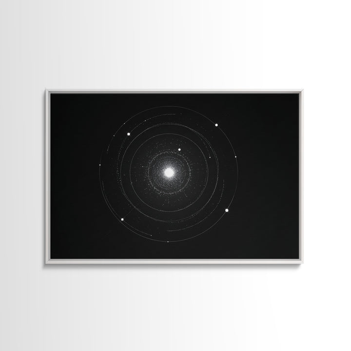 Minimal Solar System Orbit Wall Art, Black And White Space Abstract Art, Modern Geometric Poster Decor, Framed Canvas Print