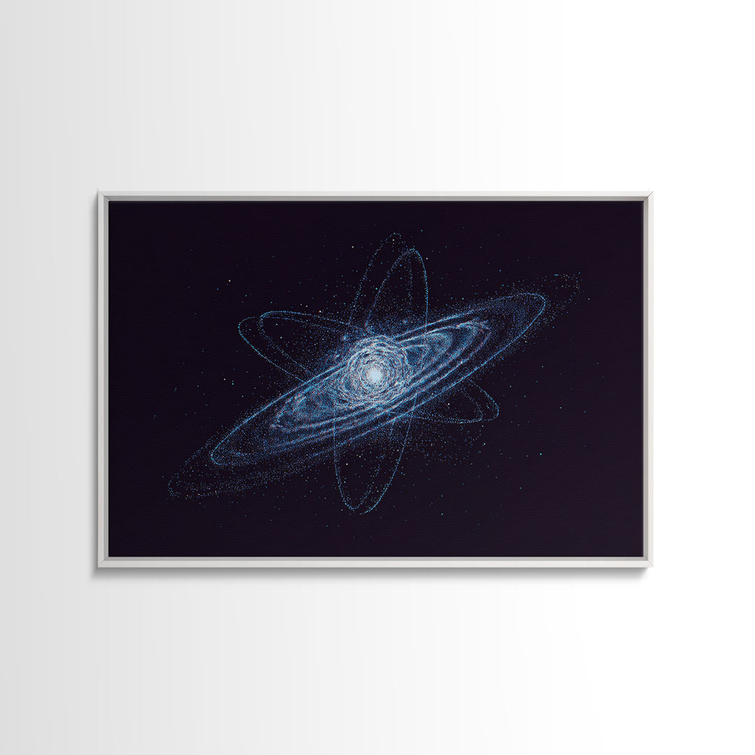 Blue Particle Galaxy Orbit Wall Art, Cosmic Retro Art, Space Abstract Art Print, Modern Geometric Home Decor, Canvas Print