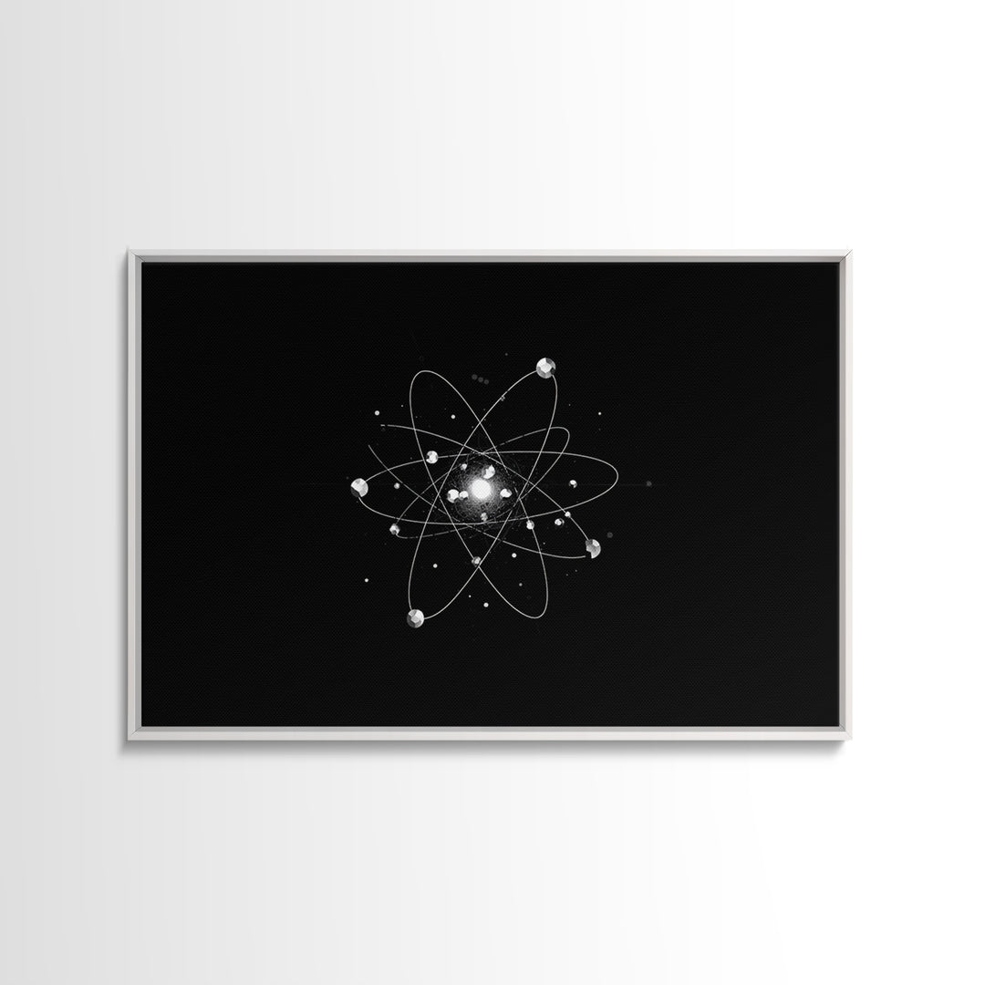 Bright Atomic Nucleus Orbit Wall Art, Black And White Modern Art Print, Geometric Space Decor Poster, Midcentury Canvas Print