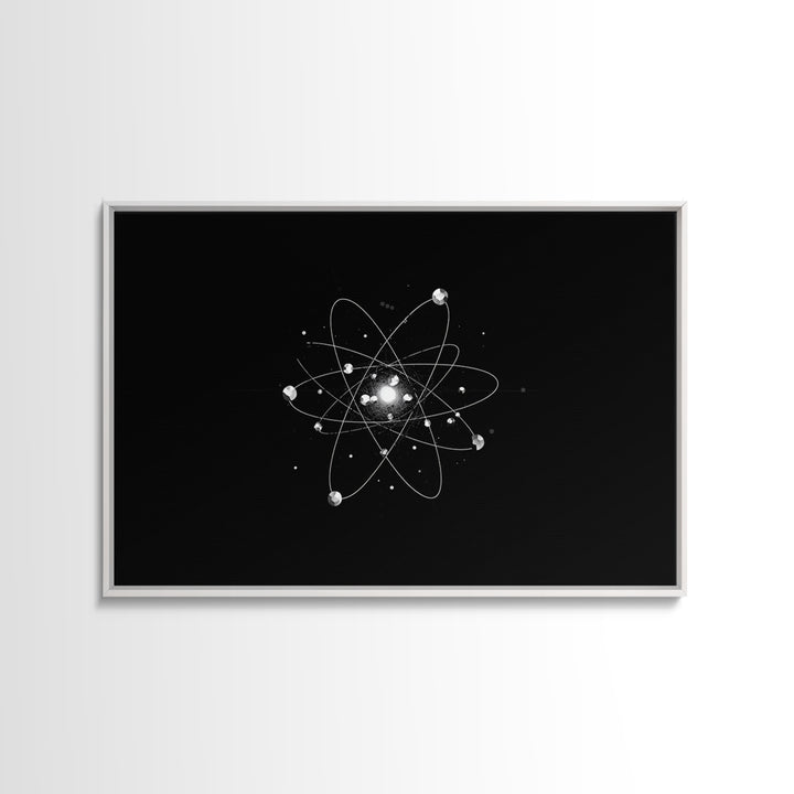 Bright Atomic Nucleus Orbit Wall Art, Black And White Modern Art Print, Geometric Space Decor Poster, Midcentury Canvas Print