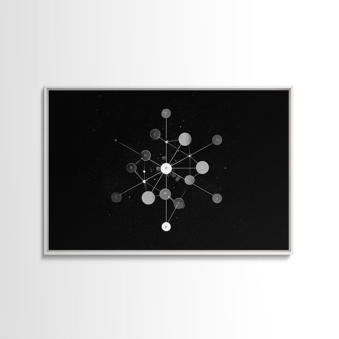 Scientific Molecular Network Wall Art, Black And White Modern Abstract Art, Geometric Science Decor, Framed Canvas Print