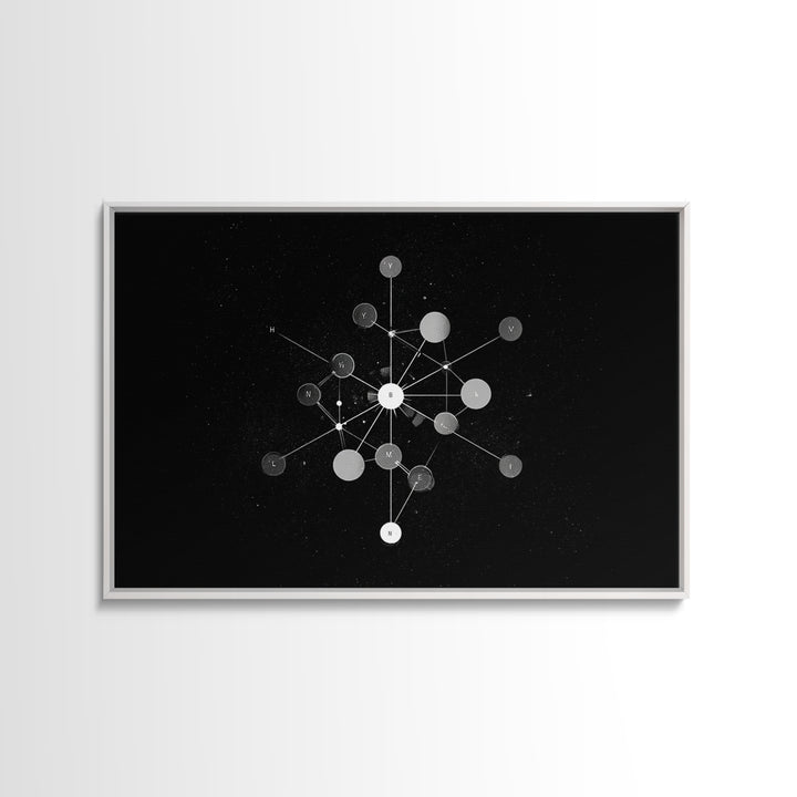 Scientific Molecular Network Wall Art, Black And White Modern Abstract Art, Geometric Science Decor, Framed Canvas Print
