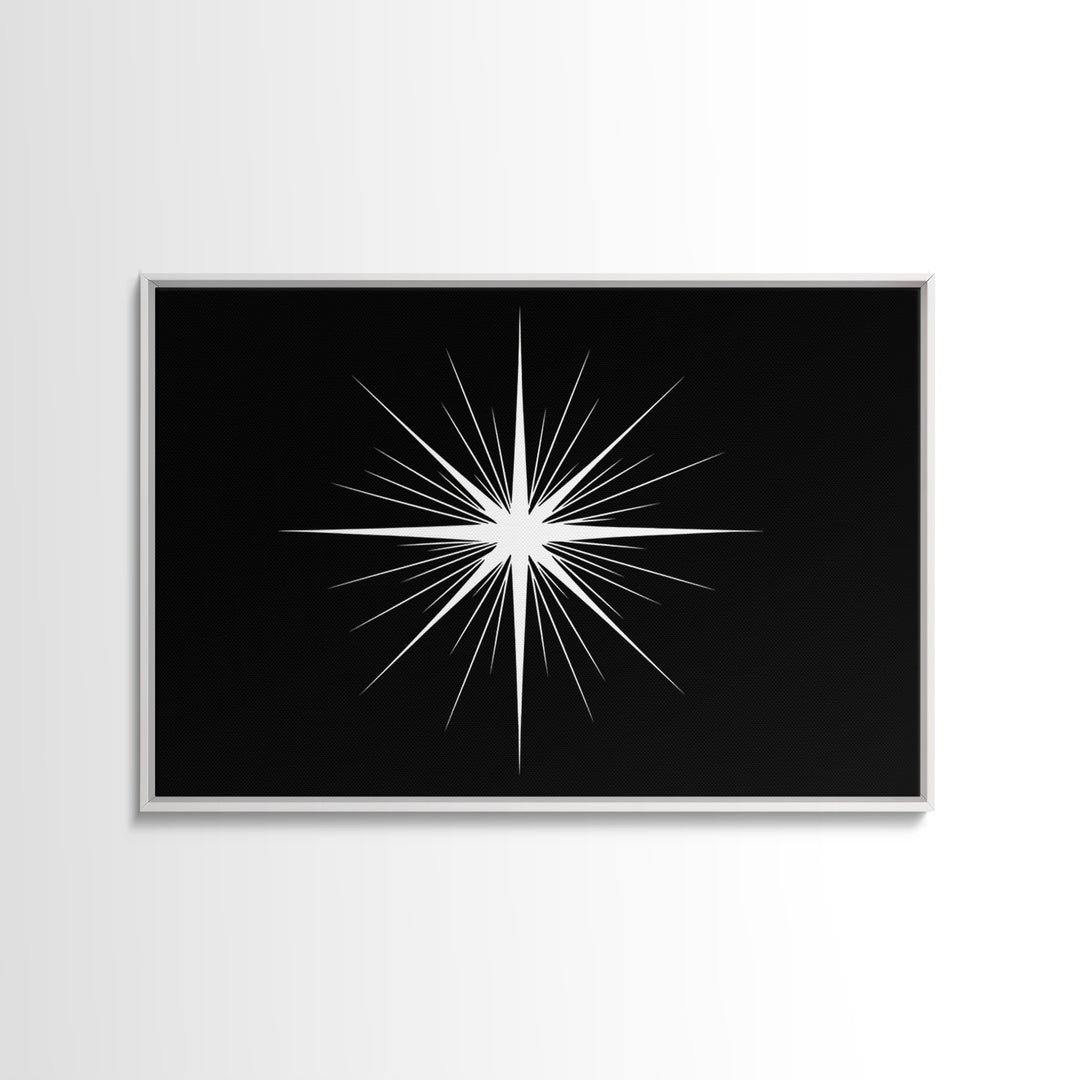 Sharp White Starburst Wall Art, Midcentury Atomic Art Print, Black Minimalist Modern Poster Decor, Geometric Canvas Print
