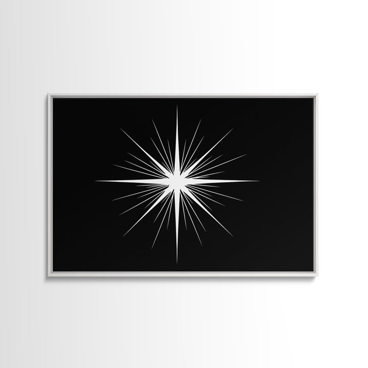 Sharp White Starburst Wall Art, Midcentury Atomic Art Print, Black Minimalist Modern Poster Decor, Geometric Canvas Print