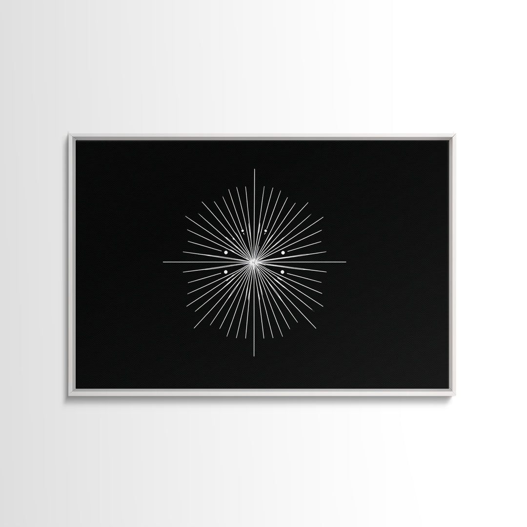 Radial Atomic Star Compass Wall Art, Black And White Midcentury Art Print, Minimalist Geometric Modern Decor, Canvas Print