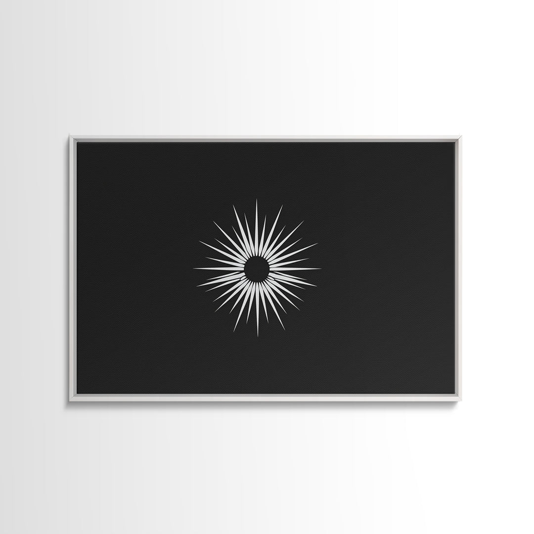 White Sunburst Eclipse Wall Art, Minimalist Black Modern Art Print, Midcentury Atomic Geometric Decor, Framed Canvas Print