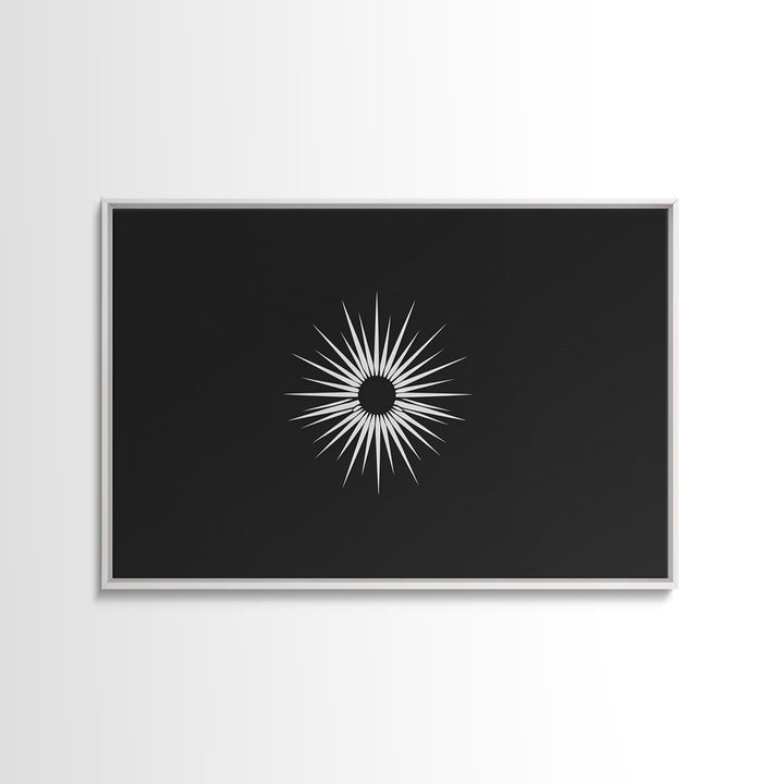 White Sunburst Eclipse Wall Art, Minimalist Black Modern Art Print, Midcentury Atomic Geometric Decor, Framed Canvas Print