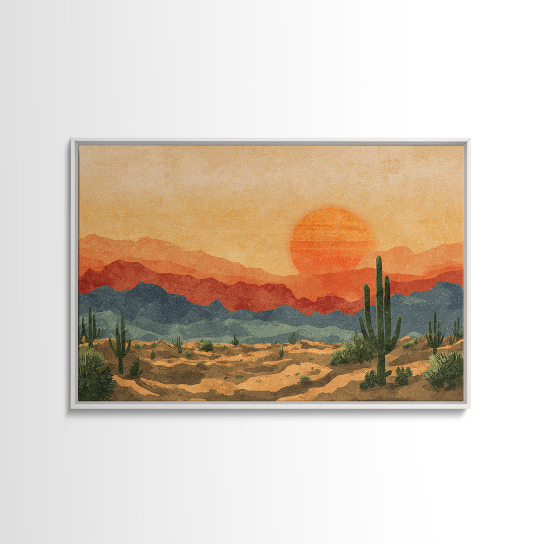 Textured Desert Mountains Wall Art, Orange Sunset Cactus Print, Midcentury Modern Landscape, Southwestern Living Room Decor