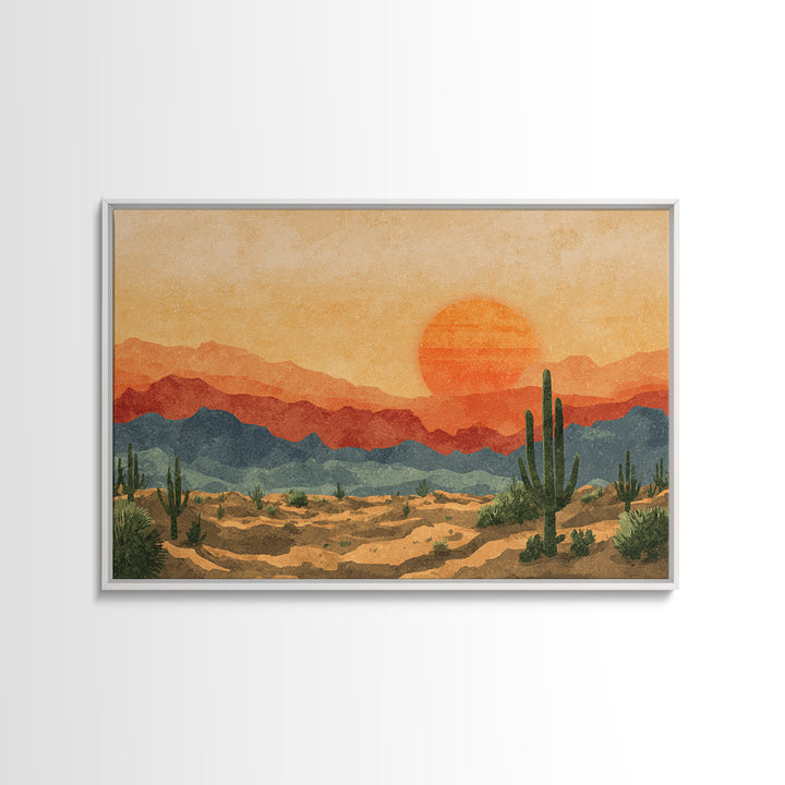 Textured Desert Mountains Wall Art, Orange Sunset Cactus Print, Midcentury Modern Landscape, Southwestern Living Room Decor