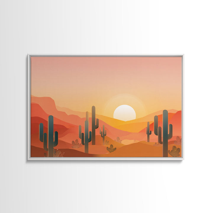 Golden Saguaro Desert Sunset Canvas Print, Midcentury Modern Wall Art, Warm Orange Southwestern Poster, Boho Home Decor, MCM Decor