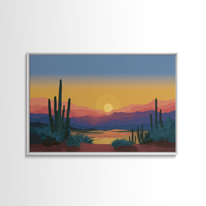 Blue Gold Desert Sunset Wall Art, Saguaro Cactus Landscape Print, Midcentury Modern Art Poster, Southwestern Home Decor, MCM Decor