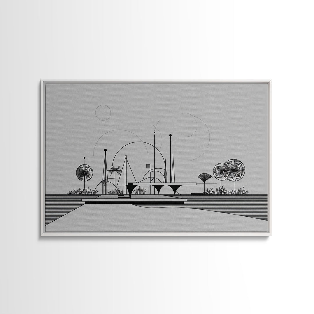 Black White Architectural Line Wall Art, Midcentury Modern Abstract Print, Atomic Ranch Landscape, Minimalist Home Decor