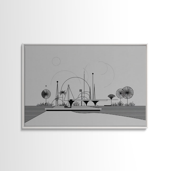 Black White Architectural Line Wall Art, Midcentury Modern Abstract Print, Atomic Ranch Landscape, Minimalist Home Decor