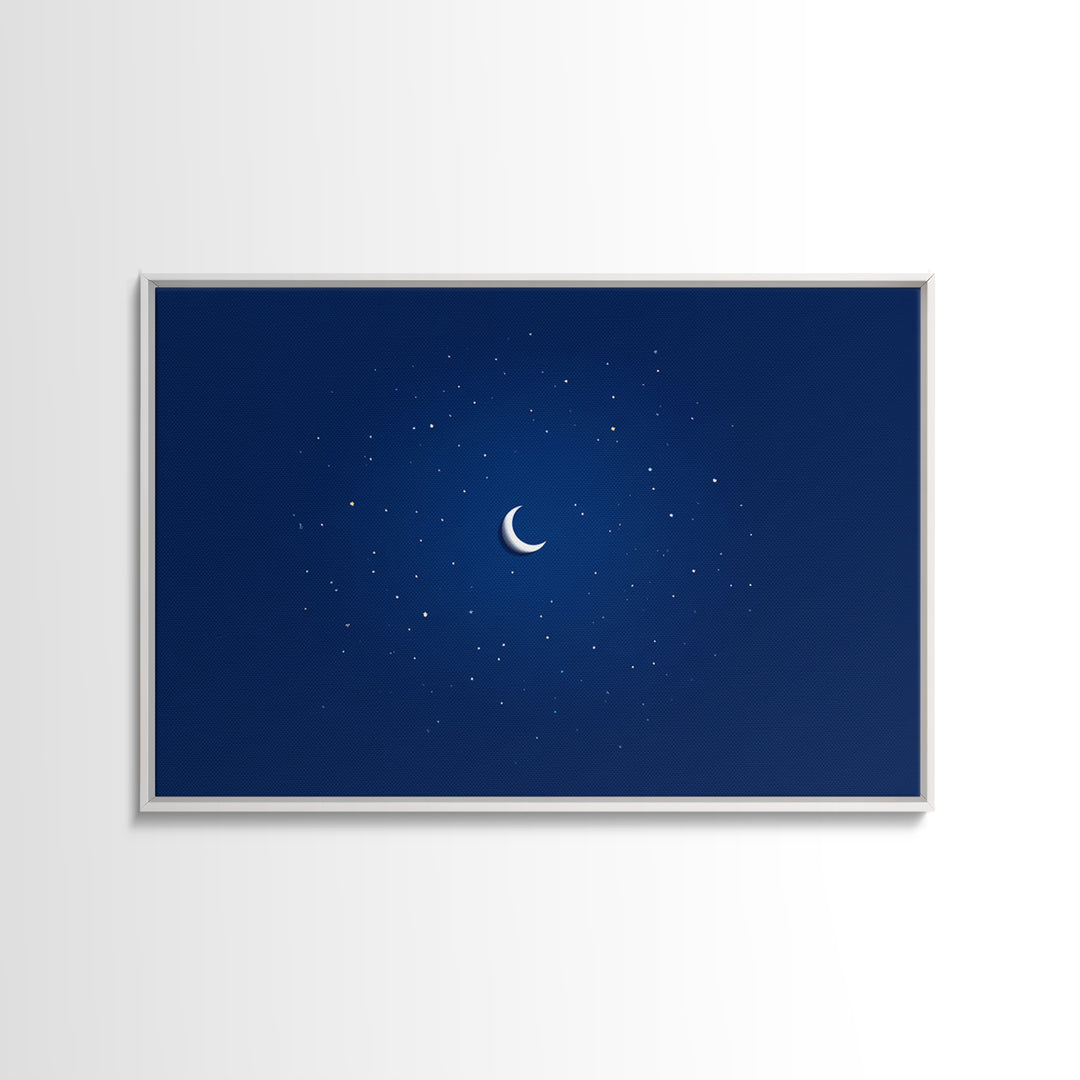 Minimal Crescent Moon Stars Wall Art, Deep Blue Night Sky Print, Modern Celestial Poster, Nursery Bedroom Wall Decor, Kids Room Decor