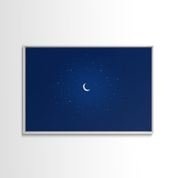Minimal Crescent Moon Stars Wall Art, Deep Blue Night Sky Print, Modern Celestial Poster, Nursery Bedroom Wall Decor, Kids Room Decor