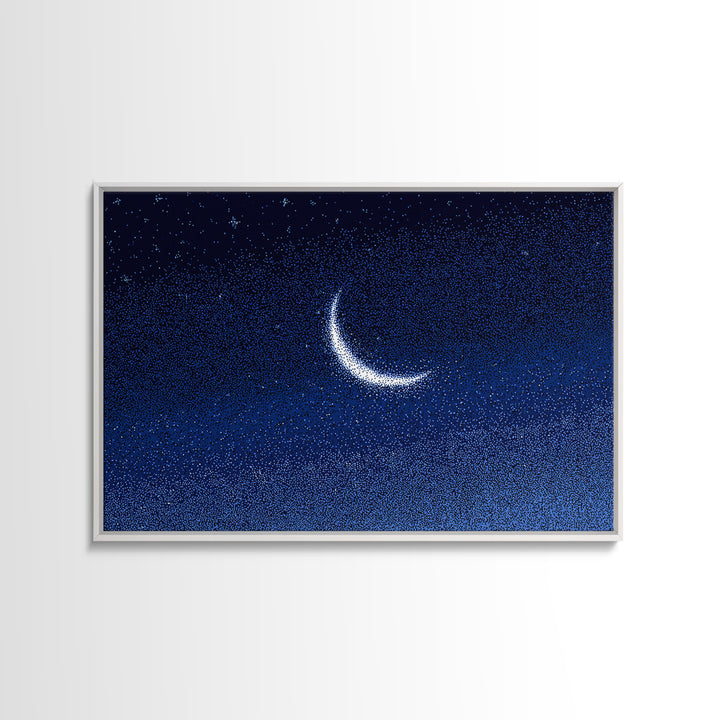 Glowing Crescent Moon Starry Sky Canvas Print, Blue Celestial Wall Art, Modern Night Poster, Minimalist Bedroom Decor, Nursery Decor