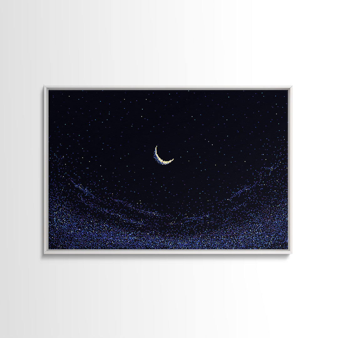 Crescent Moon Starry Night Wall Art, Pixel Sky Landscape, Blue Celestial Poster, Retro Modern Decor, Bedroom Print Gift Idea