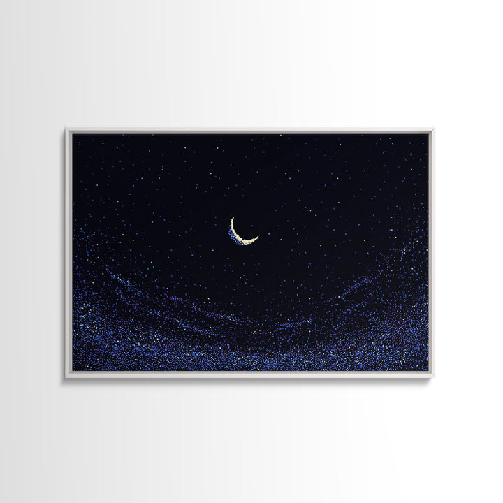 Crescent Moon Starry Night Wall Art, Pixel Sky Landscape, Blue Celestial Poster, Retro Modern Decor, Bedroom Print Gift Idea