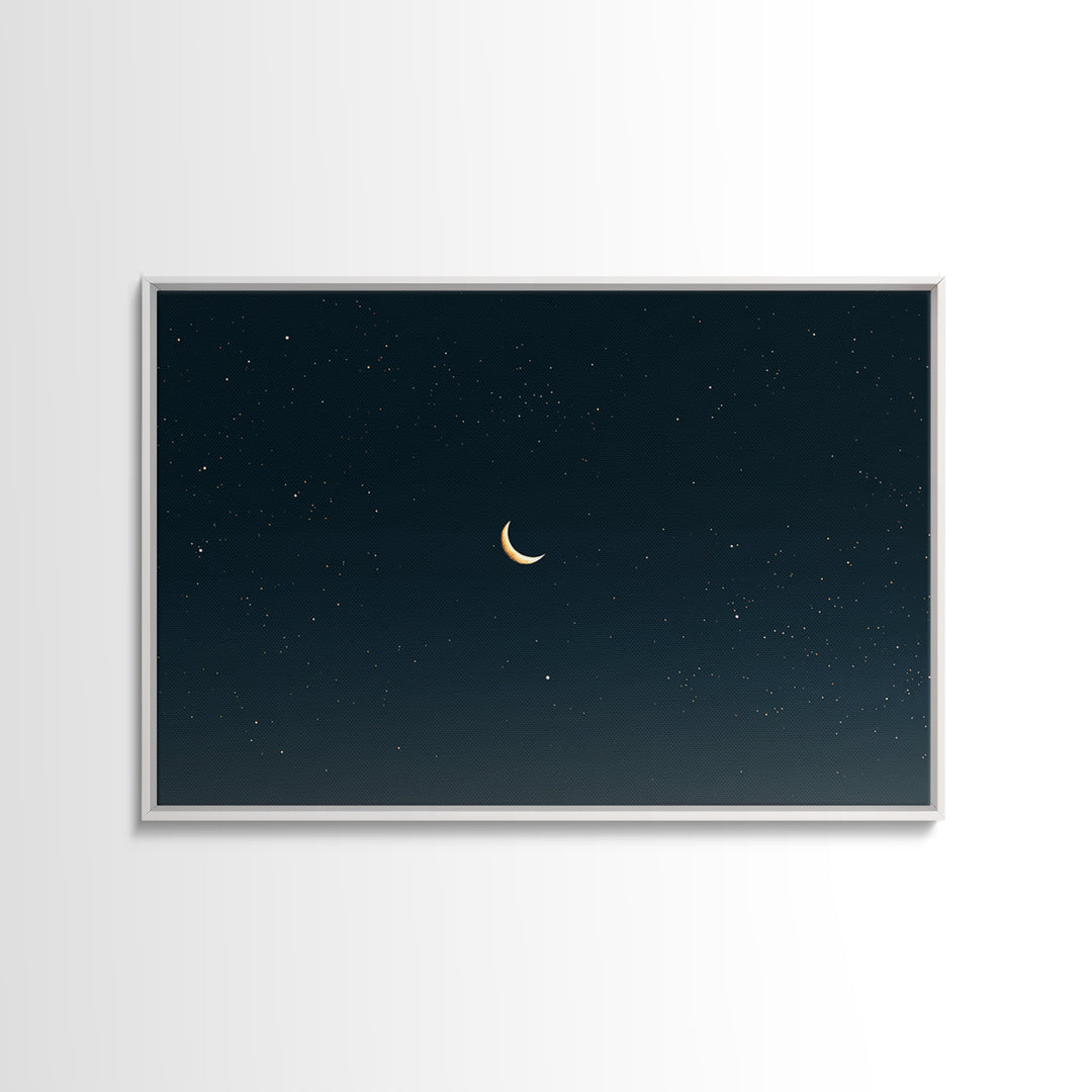 Minimal Crescent Moon Canvas Print, Teal Starry Sky, Celestial Night Landscape, Modern Wall Decor, Bedroom Poster Gift Idea