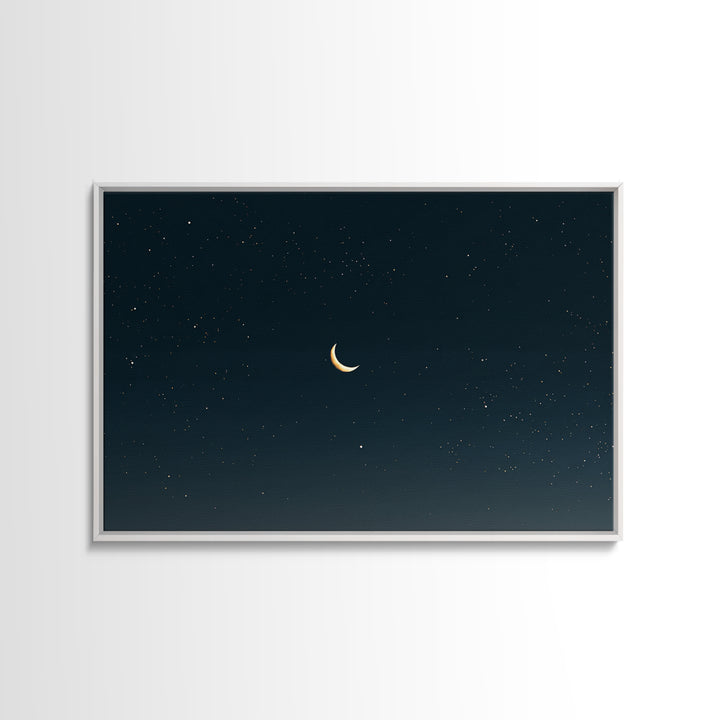 Minimal Crescent Moon Canvas Print, Teal Starry Sky, Celestial Night Landscape, Modern Wall Decor, Bedroom Poster Gift Idea