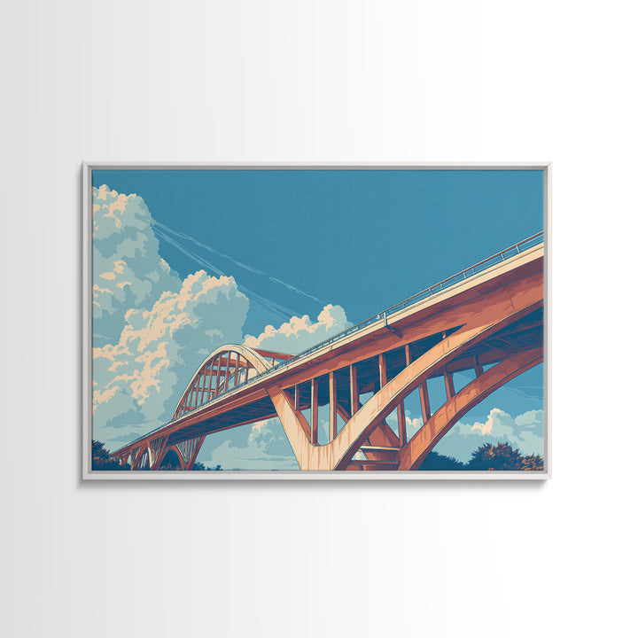 Sunlit Arch Bridge Framed Canvas Print, Modern Architecture Wall Art, Blue Sky Cloudscape, Travel Poster, Office Decor Gift Idea