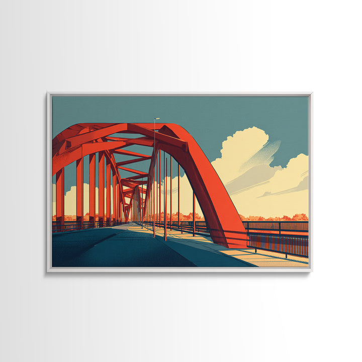Red Steel Arch Bridge Canvas Print, Sunset Architecture Wall Art, Midcentury Modern Poster, Office Decor, Travel Print Gift